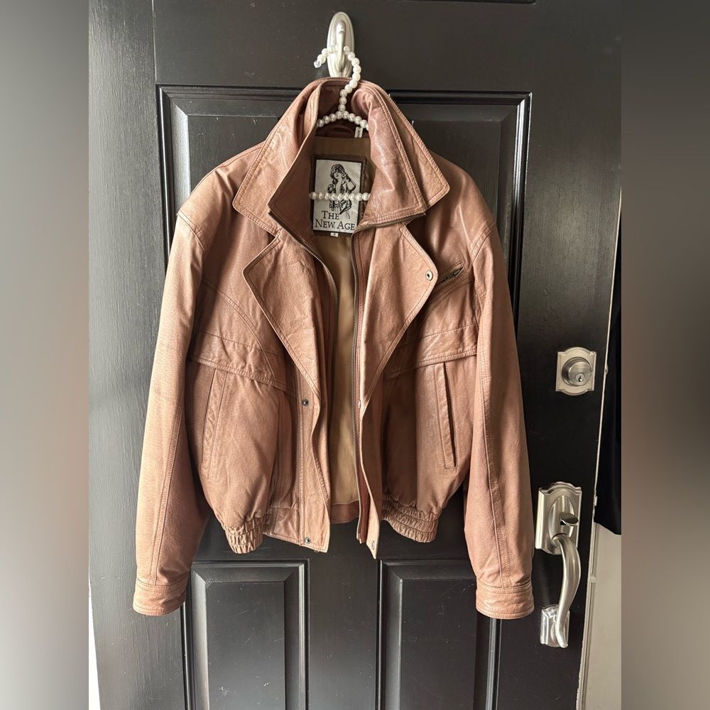 VTG The New Age Brown Leather Double Collar Bomber Jacket Size S